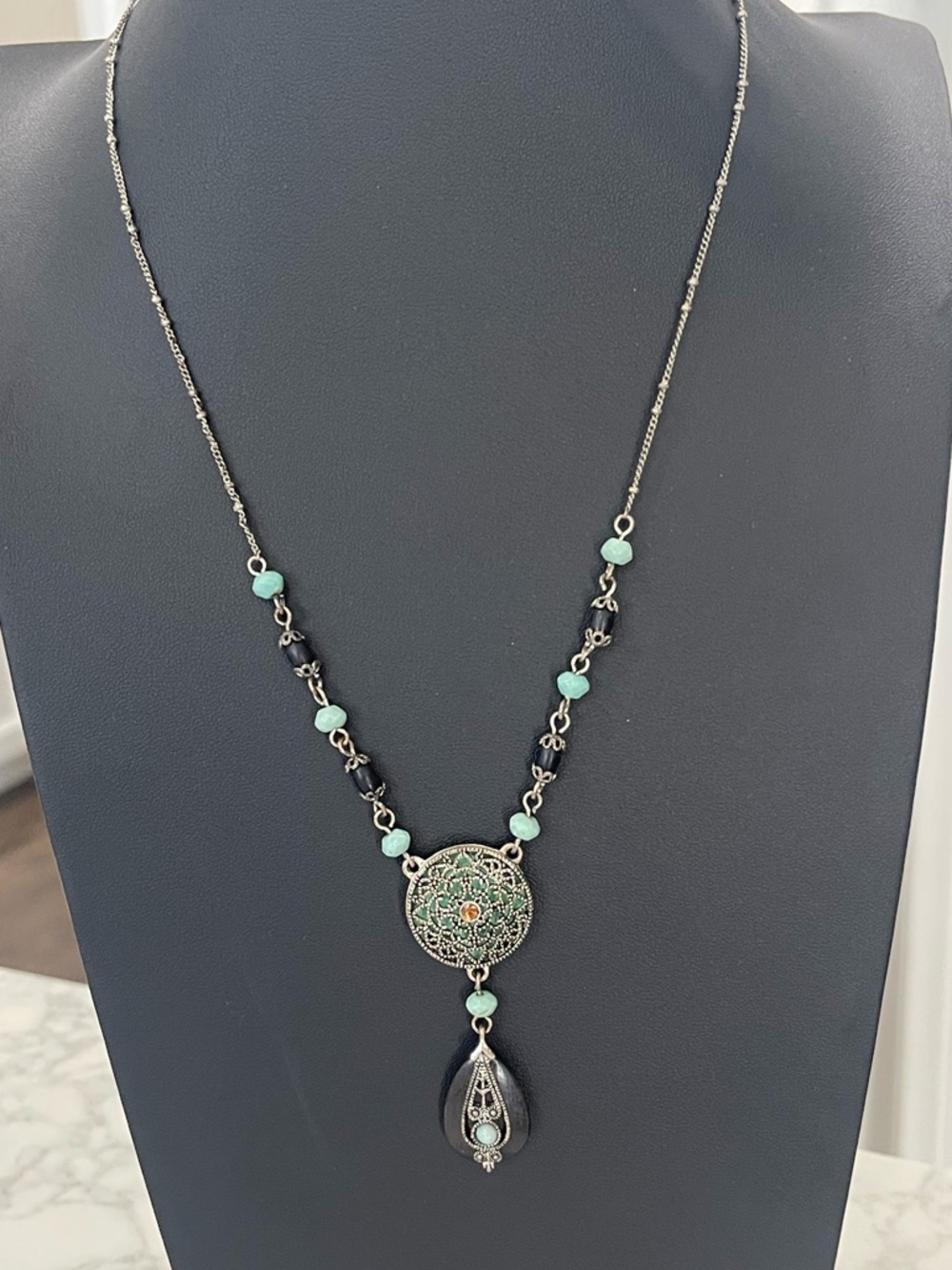 Turquoise Bead Filigree Drop Necklace - Women Jewelry
